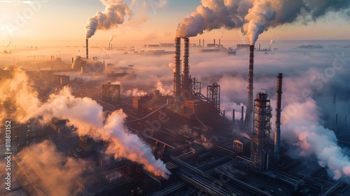 Industrial metallurgical plant at dawn with smoke, smog emissions, and poor ecology captured in aerial photography