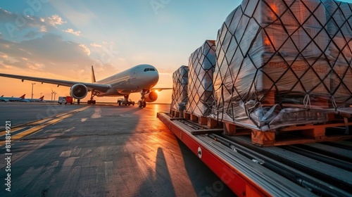 Air cargo freighter Logistics import export goods of freight global, Process of handling, Luggage loading with high loader at the Airport