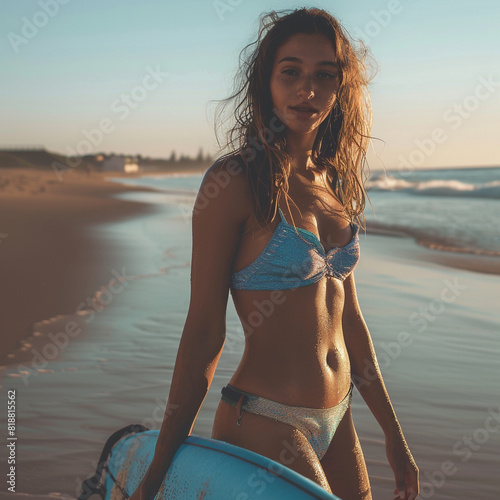 Una modelo española atlética sostiene una tabla de surf azul bajo su brazo, caminando por la playa con el pelo mojado. 