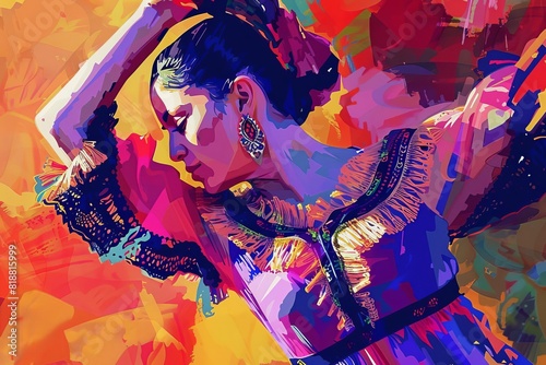 flamenco dancer passion spain spanish culture bright vibrant pop art portrait dance woman expressive energetic colorful movement costume abstract geometric 