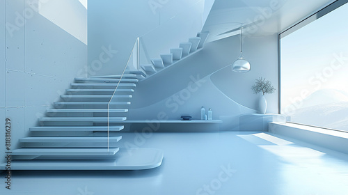 Powder blue cantilever staircase in a minimalist home, upper landing view.