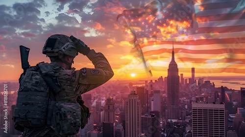 A Soldier's Patriotic Salute with a Breathtaking New York Skyline and Sunset American Flag Backdrop