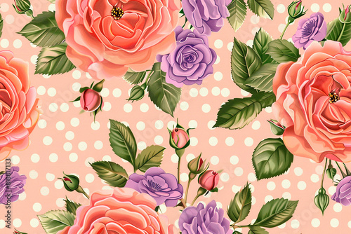 Retro floral pattern with large roses and small flowers on a polka dot background, creating a seamless, decorative tile and ornament design with a vintage charm