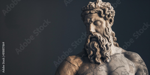 greek statue with long beard on black background, with copy space, ai generation