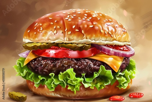 food burger cheeseburger fast food delicious mouthwatering realistic hyperrealistic digital illustration cheese lettuce tomato onion pickle bun sesame seed 