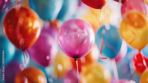 An assortment of vibrant balloons with a shallow depth of field creates a festive and joyful atmosphere