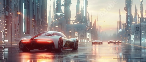A futuristic city with a car driving down a wet street