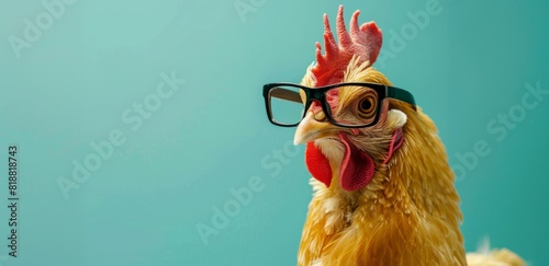 yellow chicken with glasses on its head against a bluegreen background