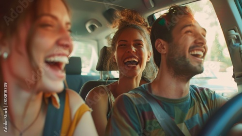 10. Group of friends carpooling to an event, conversation and laughter, shared ride