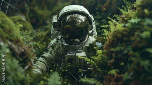 An astronaut in a mysterious green wood .The spacesuit is overgrown with moss