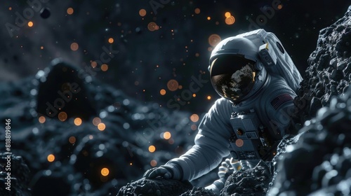 An astronaut in an asteroid cluster. An abstract illustration of dark cosmos