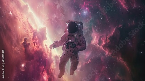 An astronaut travels through deep space in the midst of stunning, colorful nebulae. A mystical esoteric mood.