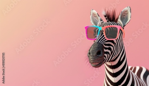 3d render of cute zebra wearing colorful glasses on pastel background with copy space