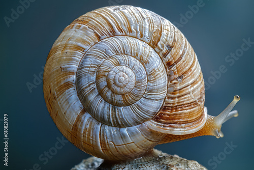 Abstract image of a Xeropicta derbentina (Mediterranean snail), featuring its small, white shell with fine brown lines,
