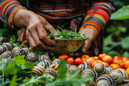 Scene of a farmer preparing a nutritious meal for snails, using fresh vegetables and specialized supplements,