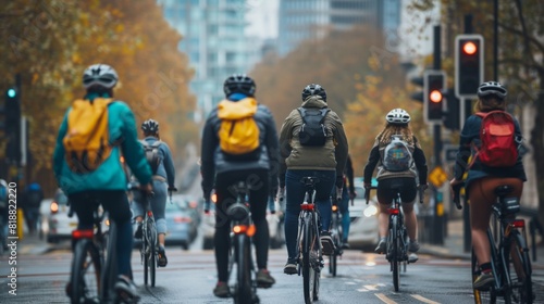 62. Group of cyclists at a traffic light, urban commute, promoting green travel