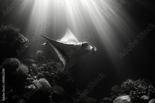 Dynamic image of angelfish positioned to form the shape of a giant, invisible manta ray gliding through the water,