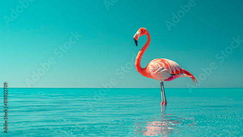 Pink Flamingo in Clear Blue Water. Tropical Wildlife, Nature Beauty, Serene Scenery.