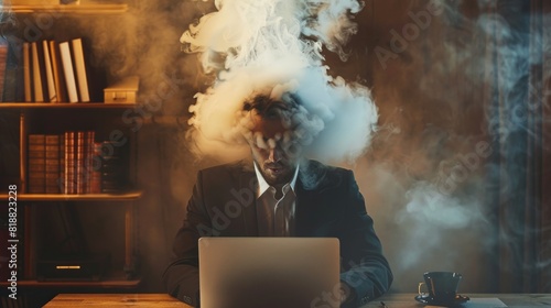 An overworked businessman in front of his laptop, smoke coming from his head, having a burnout, suffering from an excess of work