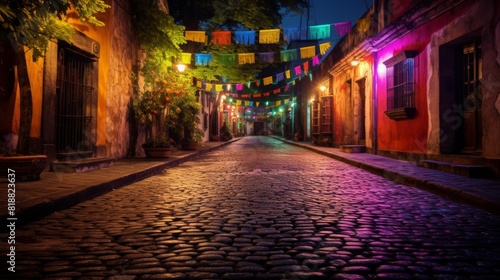 Colorful mexican lanterns lighting up cobblestone street during festive celebration