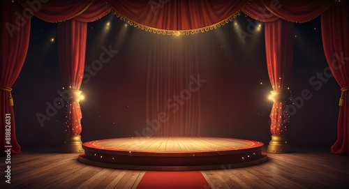 Circus stage podium background 3D carnival light red show curtain. Circus platform stage podium tent theater arena sign vintage spotlight circle stand bulb ringmaster ring cirque cartoon party cinema.