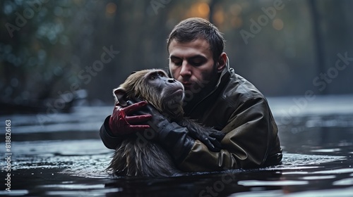 Man rescuing monkey from drowning in Water - An emotional portrait, Animal Love and rescue concept