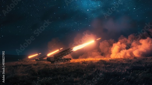 Artillery rocket systems fire at enemy positions at night. Multiple launch rocket system