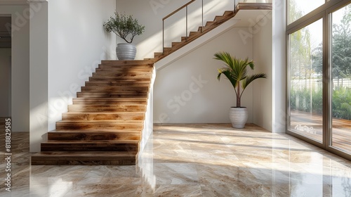 Interior stairs with vinyl flooring wood look, walls