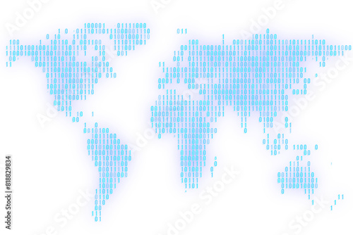 Digital binary code forming a world map silhouette on a white background, depicting global data connectivity concept