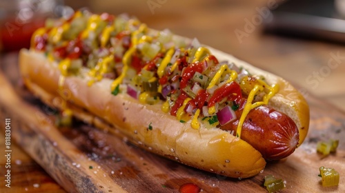 All-American hot dog topped with mustard, ketchup, onions, and relish in a soft bun