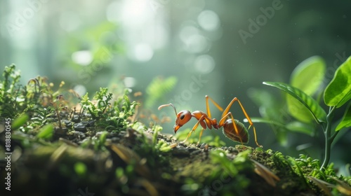 Ant carrying food back to the colony on a forest floor