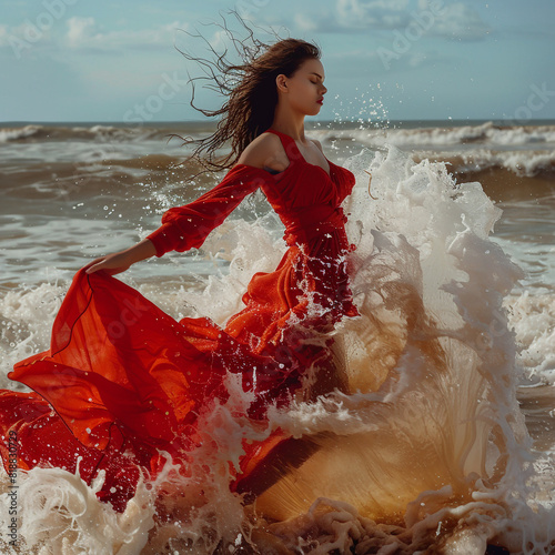 Una modelo española morena con un traje de baño rojo salta con alegría en las olas del océano Atlántico. 