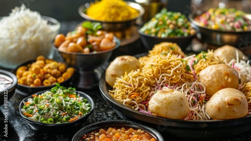 Assorted Indian street food including pani puri, bhel puri, and sev puri