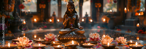 A festive home puja setup with a statue of Goddess Lakshmi and lit diyas