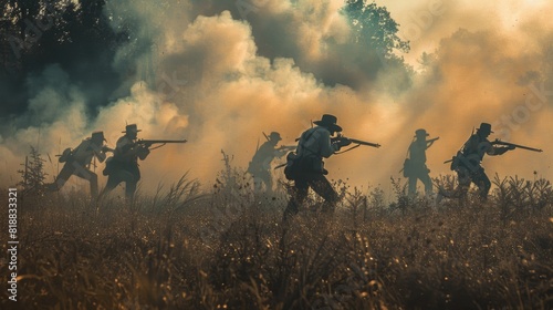 Battlefield under Fire. Reenacted Civil War Battle. Civil War battlefield concept