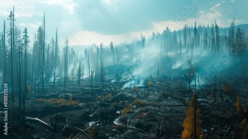 Burnt landscape with smoldering remnants of trees and vegetation post-wildfire