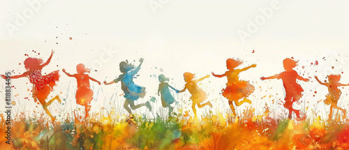 Children dance joyfully in vibrant watercolor, embodying freedom and happiness.