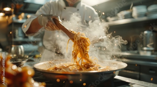 Chef preparing a dish of spaghetti with fresh ingredients in a professional kitchen