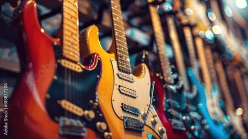 A variety of electric guitars hanging on display, showcasing different colors and styles for musicians in a shop