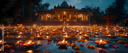 A night scene with an outdoor Diwali puja setup, illuminated by candles and diyas, creating a warm and spiritual atmosphere