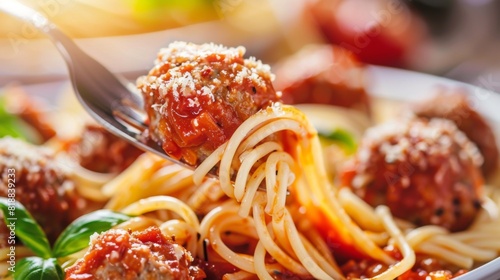 Close-up of a fork twirling spaghetti with rich marinara sauce and meatballs