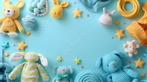 Adorable baby toys and clothes arranged on colorful background.