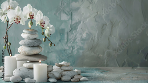 Zen stones with candles and white orchid flowers on green and gray background, - Massage and Spa Concept