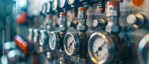 Control panel in a manufacturing plant with pressure gauges and control switches