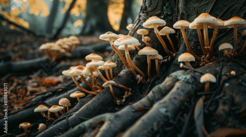 Close-up of delicate mushrooms growing on the damp soil around the roots of a tree