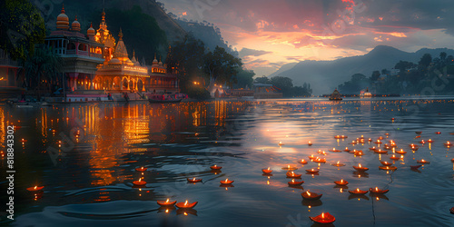 A serene riverside scene with a small shrine and devotees performing Diwali puja, illuminated by floating diyas