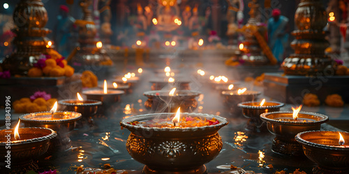 A serene temple scene with devotees performing Diwali puja, with lit diyas and incense