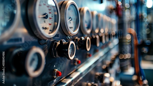 Closeup of an industrial control panel with pressure dials and operational switches