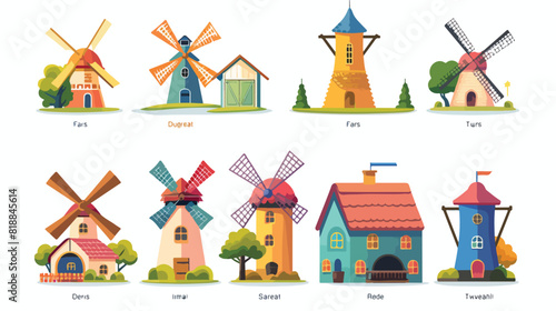 Set of colorful windmills and watermills of different