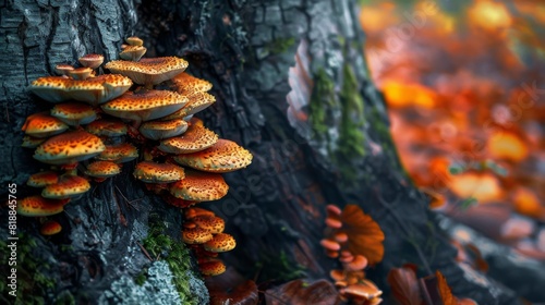 Close-up of mushrooms growing on the base of a tree, adding a touch of beauty to the forest
